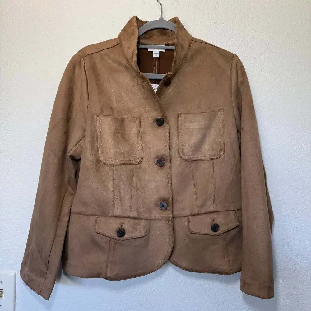 J.Jill NWT Faux Suede Patch Pocket Jacket Brown Sz M Petite Barn Western Boho - Picture 2 of 8
